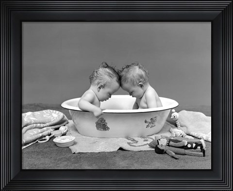 Framed 1930s Twin Babies In Bath Tub Print