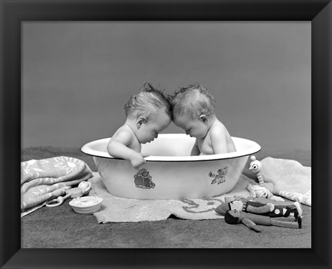 Framed 1930s Twin Babies In Bath Tub Print