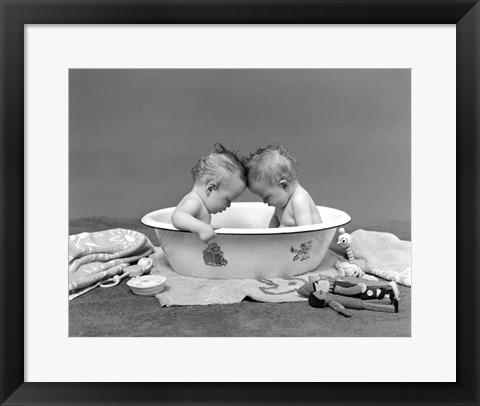 Framed 1930s Twin Babies In Bath Tub Print