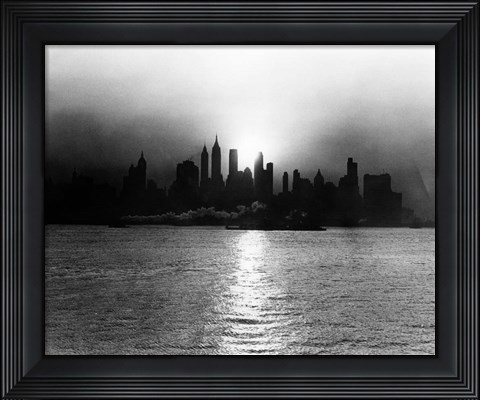 Framed 1930s 1940s Morning Misty Sunrise Silhouette Print