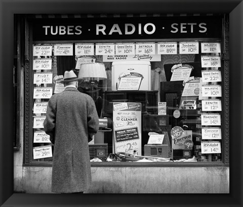 Framed 1940s Man Looking At Window Display Of Radios Print