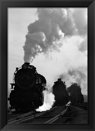 Framed 1930s 1940s Head-On View Of Three Steam Engines Print