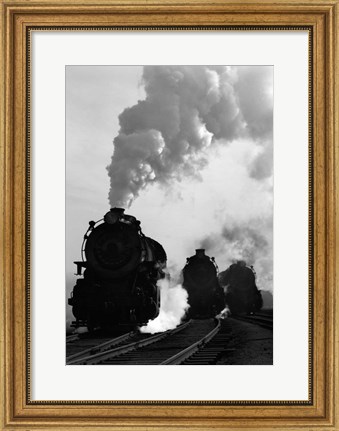 Framed 1930s 1940s Head-On View Of Three Steam Engines Print