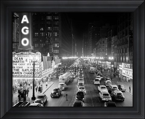 Framed 1950s 1953 Night Scene Of Chicago State Street Print