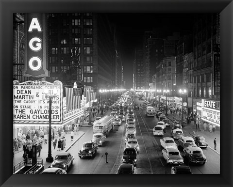 Framed 1950s 1953 Night Scene Of Chicago State Street Print