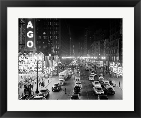 Framed 1950s 1953 Night Scene Of Chicago State Street Print