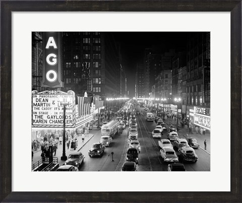 Framed 1950s 1953 Night Scene Of Chicago State Street Print