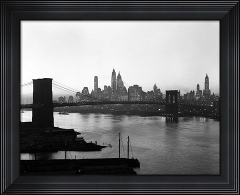 Framed 1950s Twilight Skyline Manhattan Brooklyn Bridge? Print