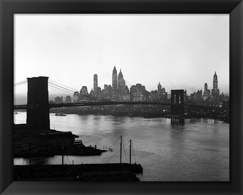 Framed 1950s Twilight Skyline Manhattan Brooklyn Bridge? Print