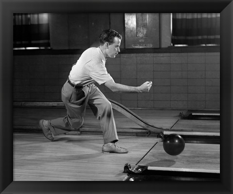 Framed 1950s Side View Of Man Bowling Print