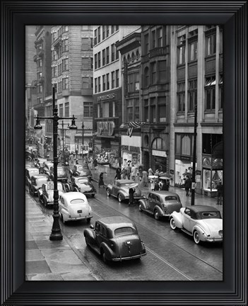 Framed 1940s Rainy Day On Chestnut Street Philadelphia Print
