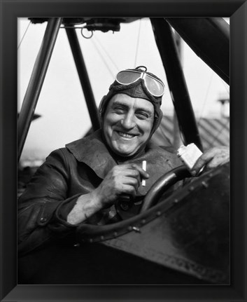 Framed 1920s Smiling Man Pilot In Cockpit Of Airplane Print