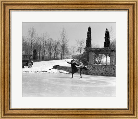 Framed 1920s Couple Man Woman Ice Skating Print