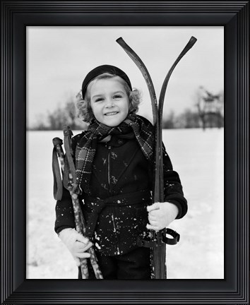 Framed 1930s Little Girl Standing Holding Skis Print