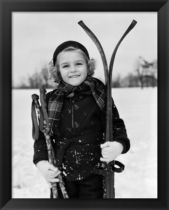 Framed 1930s Little Girl Standing Holding Skis Print