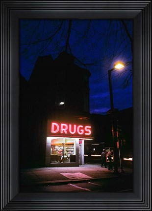 Framed 1980s 24 Hour Drug Store Neon Sign Print
