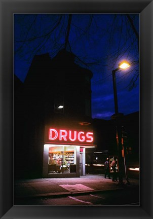 Framed 1980s 24 Hour Drug Store Neon Sign Print