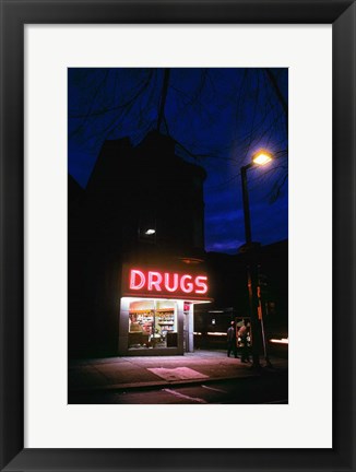 Framed 1980s 24 Hour Drug Store Neon Sign Print