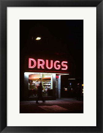 Framed 1980s Drug Store At Night Pink Neon Sign Print