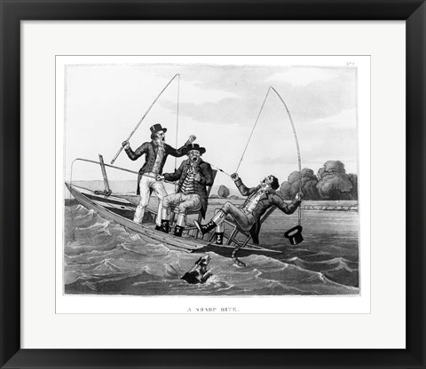 Framed 1800s Three 19Th Century Men In Boat Fishing Print