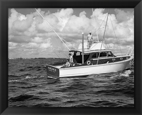 Framed 1950s 3 Men Trolling Off Of Fishing Boat Print