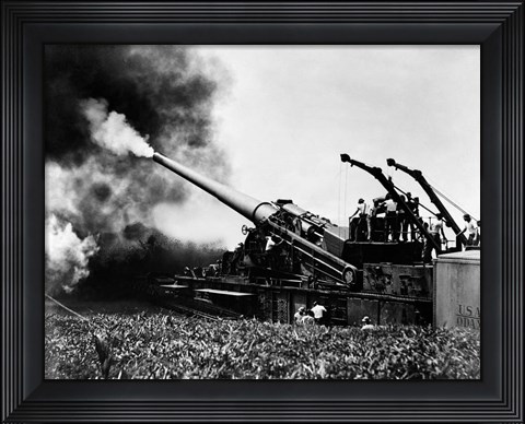 Framed 1940s WWII Big Artillery Railroad Gun Firing Print