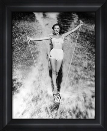 Framed 1950s Smiling Woman In White Two Piece Bathing Suit Print