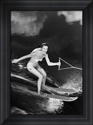 Framed 1950s Smiling Woman In A White Two Piece Bathing Suit Print
