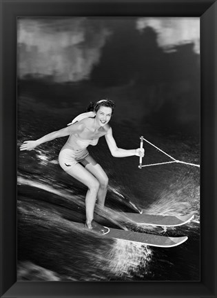Framed 1950s Smiling Woman In A White Two Piece Bathing Suit Print