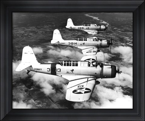 Framed 1940s Three World War II US Navy Dive Bombers Flying Print