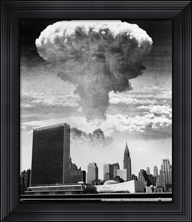 Framed 1950s 1960s Mushroom Cloud Over United Nations Building Print