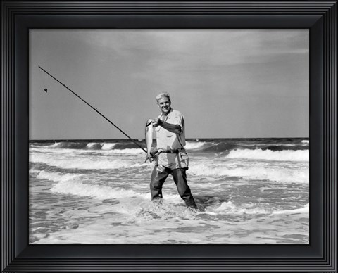 Framed 1950s Older Man Standing In Surf Print