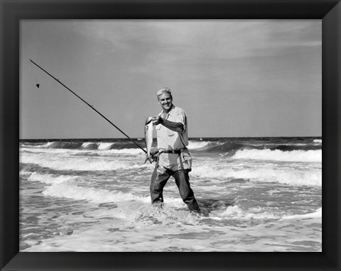 Framed 1950s Older Man Standing In Surf Print