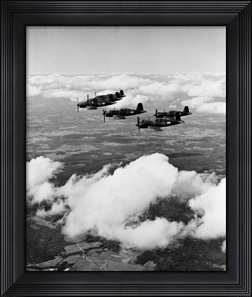 Framed 1940s 6 Navy Corsairs Above The Clouds Print