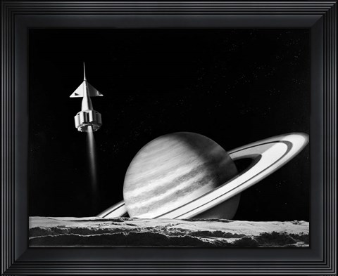 Framed 1960s Space Rocket Flying Past Saturn Print