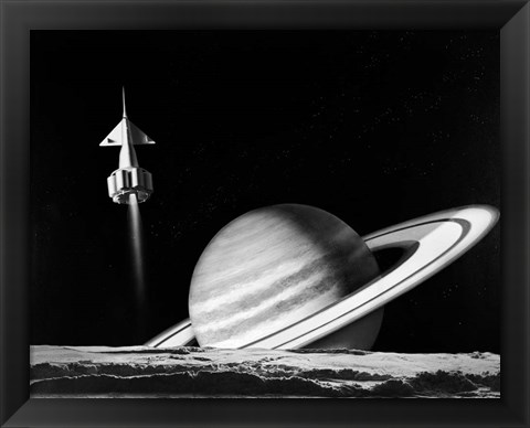 Framed 1960s Space Rocket Flying Past Saturn Print