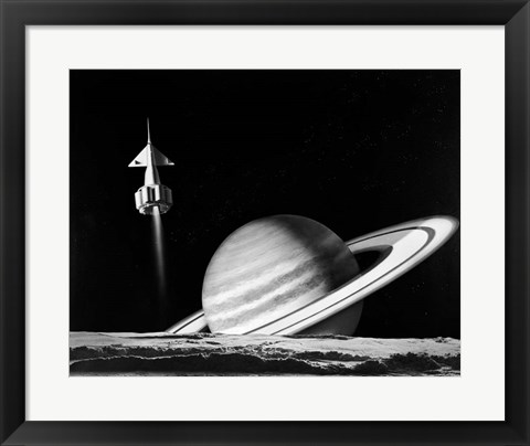 Framed 1960s Space Rocket Flying Past Saturn Print