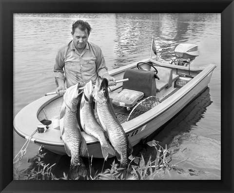 Framed 1970s Man In Small Motorboat Print