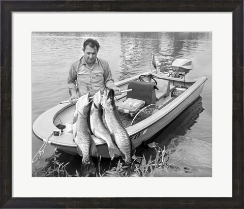 Framed 1970s Man In Small Motorboat Print