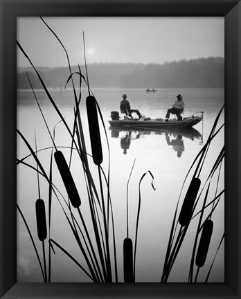 Framed 1980s Two Men Silhouetted Bass Fishing Print