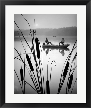 Framed 1980s Two Men Silhouetted Bass Fishing Print