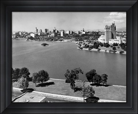 Framed 1950s Lake Merritt In Foreground Skyline View Print