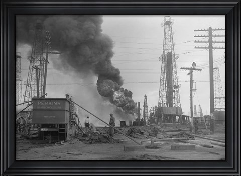 Framed 1920s Oil Field Fire Column Of Black Smoke In Field Print