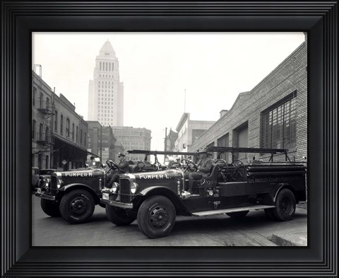 Framed 1920s 1930s Two Fire Trucks Print