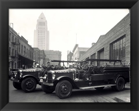 Framed 1920s 1930s Two Fire Trucks Print