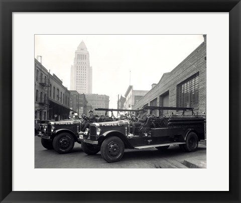 Framed 1920s 1930s Two Fire Trucks Print