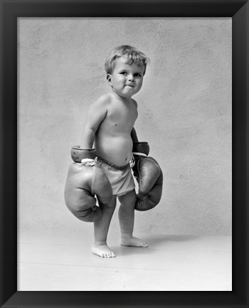 Framed 1930s Baby Boy Toddler Wearing  Boxing Gloves Print