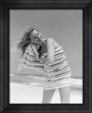 Framed 1950s 1960s Blond Woman Wrapped In Towel Drying Hair Print