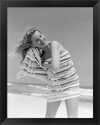 Framed 1950s 1960s Blond Woman Wrapped In Towel Drying Hair Print
