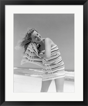 Framed 1950s 1960s Blond Woman Wrapped In Towel Drying Hair Print